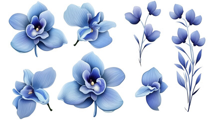 Set of blue orchid flower elements isolated on transparent background. Generative AI
