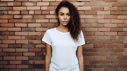Urban Elegance: Young Woman in White T-Shirt Against Textured Brick Wall