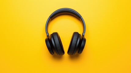 Vibrant Music Lifestyle: Black headphones pop on a sunny yellow background in this stylish flat lay. A trendy blend of fashion and tech, perfect for modern music enthusiasts