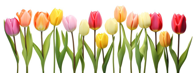 Tulip flowers in row isolated on transparent background. Generative AI