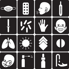 Covid-19 medicine  icons on  black background
