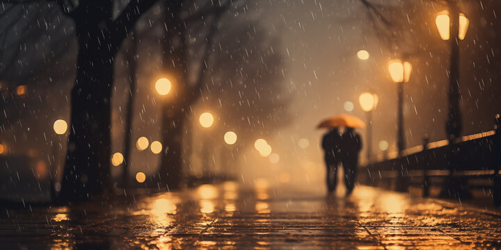 Blurred image of a couple walking in the night street in the rain