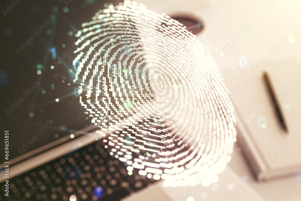 Aufkleber Multi exposure of abstract graphic fingerprint sketch on modern computer background, fingerprint scan data concept