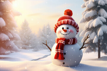 Snowman in a red hat and scarf in a winter sunny forest. Christmas concept