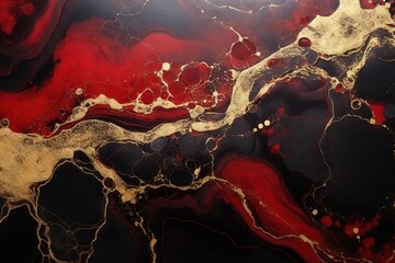 Résumé rouge et noir avec des tourbillons de marbre et des ondulations d'agate. Beau fond organique avec de la poudre d'or. IA générative, IA - obrazy, fototapety, plakaty