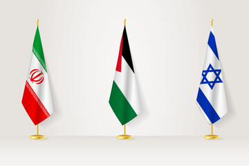 Political gathering of governments. Flags of Iran, Palestine and Israel.
