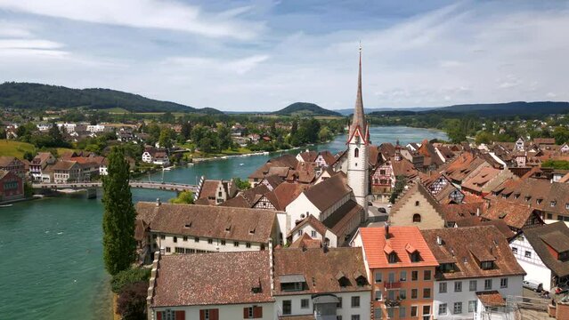 The medieval swiss town of Stein am Rhein, Switzerland - aerial, pan right
