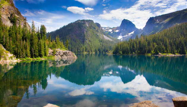 a serene mountain landscape with a reflective lake surrounded by picturesque mountains and trees illustrating nature s serene beauty high quality photo