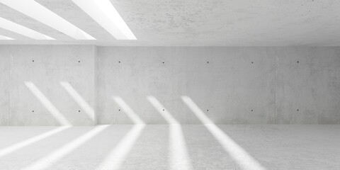 Abstract empty, modern concrete room with sunlight from vertical ceiling openings and rough floor - industrial interior background template