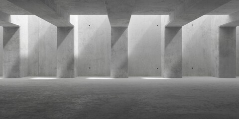 Abstract empty, modern concrete room with ceiling beams, pillars and rough floor - industrial interior background template - obrazy, fototapety, plakaty