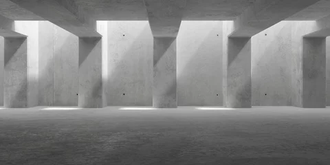 Fotobehang Abstract empty, modern concrete room with ceiling beams, pillars and rough floor - industrial interior background template © Shawn Hempel