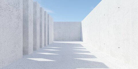 Abstract empty, modern concrete building with wall openings, rough floor and blue sky - industrial background template