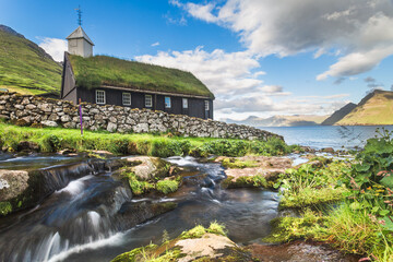  Grass roofed Church in the village of Funningur on the island of Eysturoy, Faroe Islands, Denmark