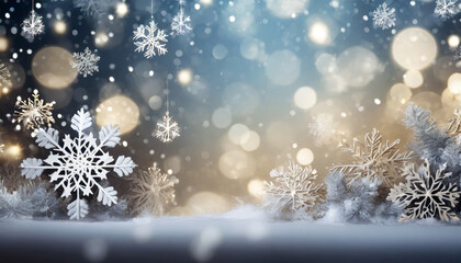 Fototapeta na wymiar christmas background with snowflakes and bokeh glitter effect with room for copy ai generative art