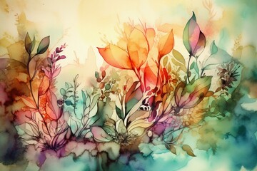 Artistic depiction of colorful botanicals created using watercolor technique. Generative AI
