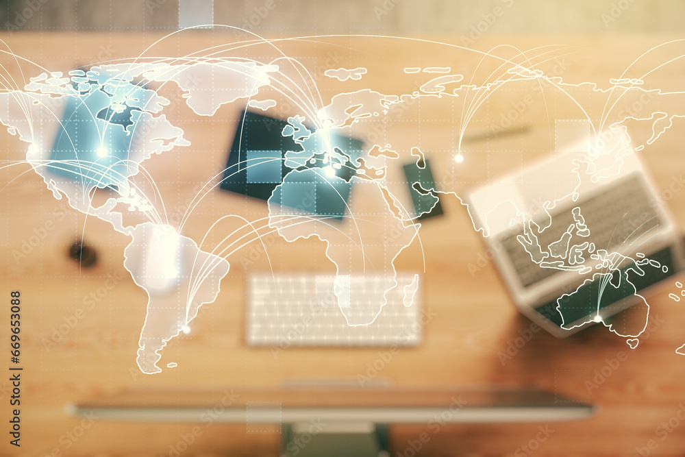 Poster abstract graphic digital world map with connections on modern computer background, globalization con