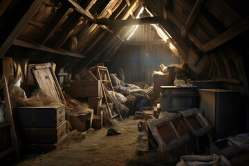 forgotten dusty attic filled with trunks and cobweb - obrazy, fototapety, plakaty