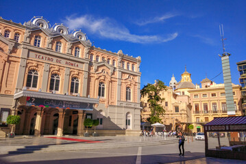 Fototapeta na wymiar Main facade of the Teatro Romea, a classical theater in Murcia, Spain, theater square, city center, old case