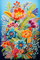 Fototapeta na wymiar Decorative embroidery of bright flowers bouquet in folk style