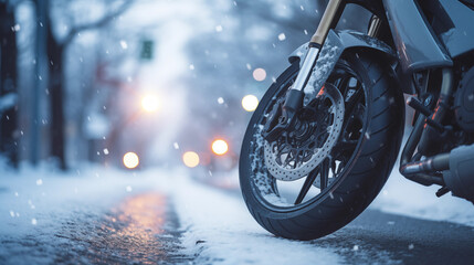 Motorcycle on the road in the city during a snowfall.