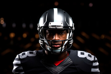 Front view of a player of American football with his equipment.