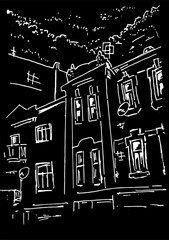 A decorative ink drawing of a street, vector illustration black and white.