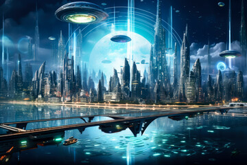 Futuristic city with flying cars and holograms.