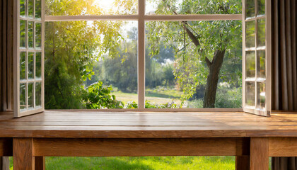 empty wooden table in front the window with garden park natural light background high quality photo