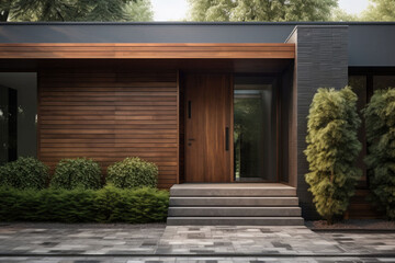 Contemporary exterior of home with dark ceramic tiles as siding of house and tall front door. Generative AI