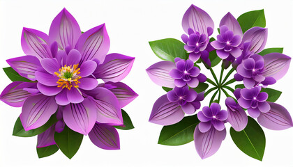 set of purple flowers isolated on white background 3d rendering for digital composition and architecture visualization