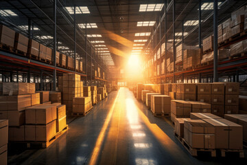 Fototapeta premium Modern contemporary warehouse with warm sunlight filtering through rows of goods. AI generated
