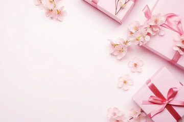 Pink gifts boxes on pink background with flowers. Generative AI
