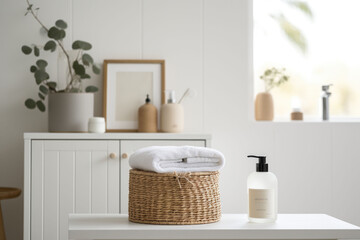 Fototapeta premium Corner of the bathroom cabinet. Shelving unit and baskets with clean towels and toiletries. Generative AI