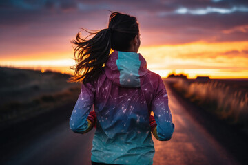 Fototapeta Woman running at dusk. Athlete woman on cold run jogging fast. Generative AI obraz