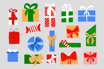 Gift giving season banner. Set of Christmas gifts in geometric wrapping paper. Vector top view illustration of Christmas presents for social media, blog articles on gift guide and giveaway themes.
