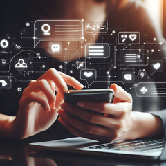 hand pushing a button on virtual screen interface, social networking, media concept 