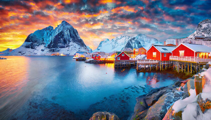 fantastic evening cityscape of nusfjord town norway europe great sunset on lofoten island...