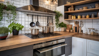countertop spice rack kitchen indoor interior kitchenware utensils on wooden strip indoors cooking...