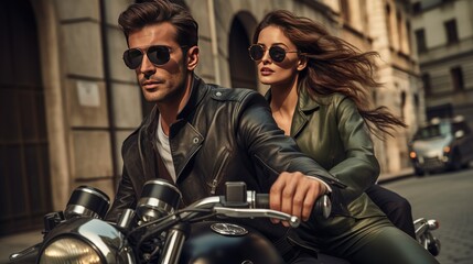 Young couple with a retro motorcycle, stylish hipster fashion