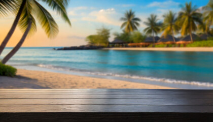 wooden black table top on blur tropical beach background can be used for display or montage your products high quality photo