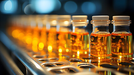 Close-up of precisely arranged laboratory vials filled with samples. Precise scientific research environment.
