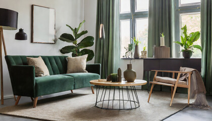 Fototapeta na wymiar living room with dark green furniture