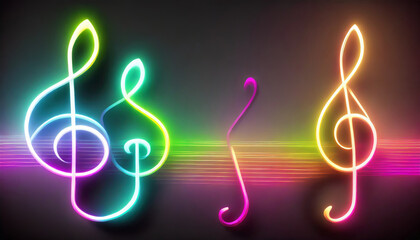 multicolored neon glowing treble clefs abstract luminous background with empty space for text or...