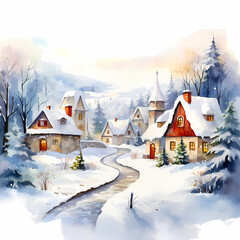 Snowy winter village inside circle shape, watercolor illustration.