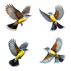 A set of male and female Western Kingbirds flying on a transparent background