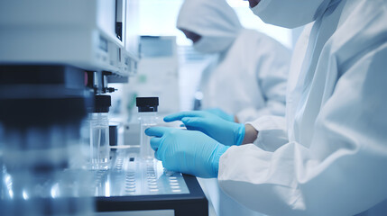 Close-up of gloved hands meticulously pipetting samples in a laboratory, highlighting precision and biotechnological research.