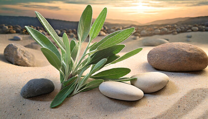 natural harmony sage twig and pebble rocks on sand serene botanical background