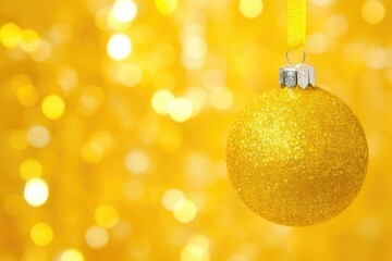 Yellow Christmas tree toy ball with festive confetti on a yellow bokeh background.
