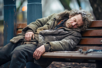 Fototapeta premium Homeless person sleeping on a park bench