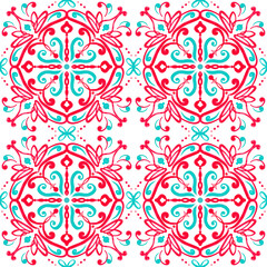 Fototapeta na wymiar Repeating Christmas New Year Pattern. Abstract winter watercolor tile ornament with vibrant colors - blue, turquoise, pink, red. Seamless swirl pattern on a white background. Large format.